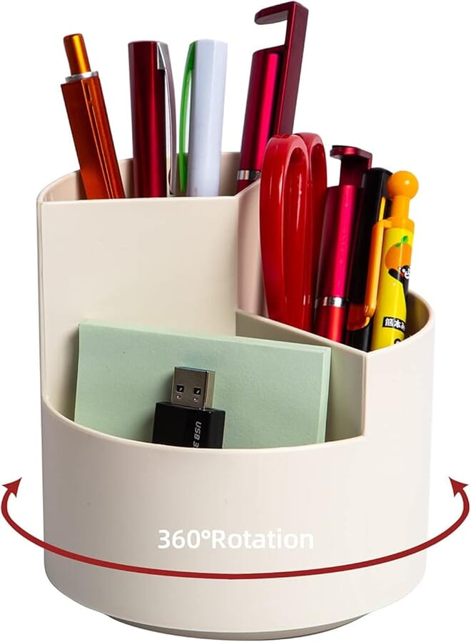 Desk Pencil Pen Holder, 3 Slots 360-Degree Spinning Pencil Pen Desk Organizers, Desktop Storage Pen Organizers Stationery Supplies, Cute Pencil Cup Pot for Office, School, Art Supply, Kids - White